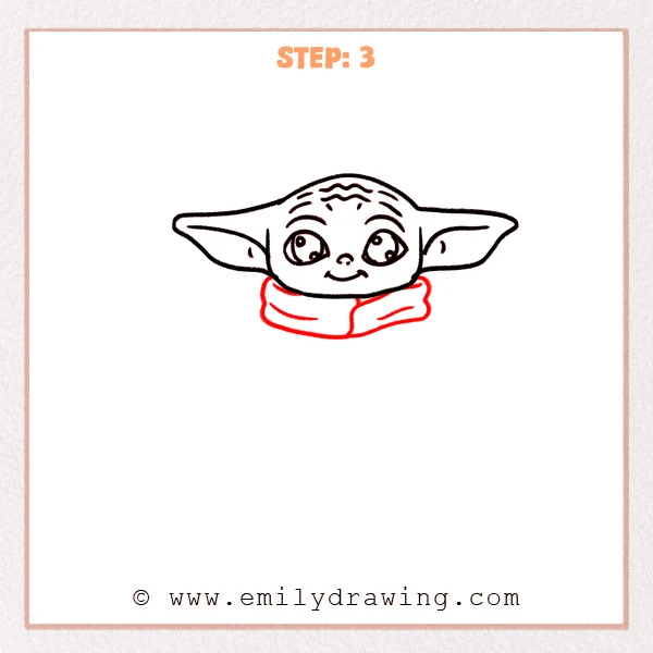 how to draw a baby yoda - Step 3: A thick scarf collar is added under Baby Yoda’s face with simple fold curves.